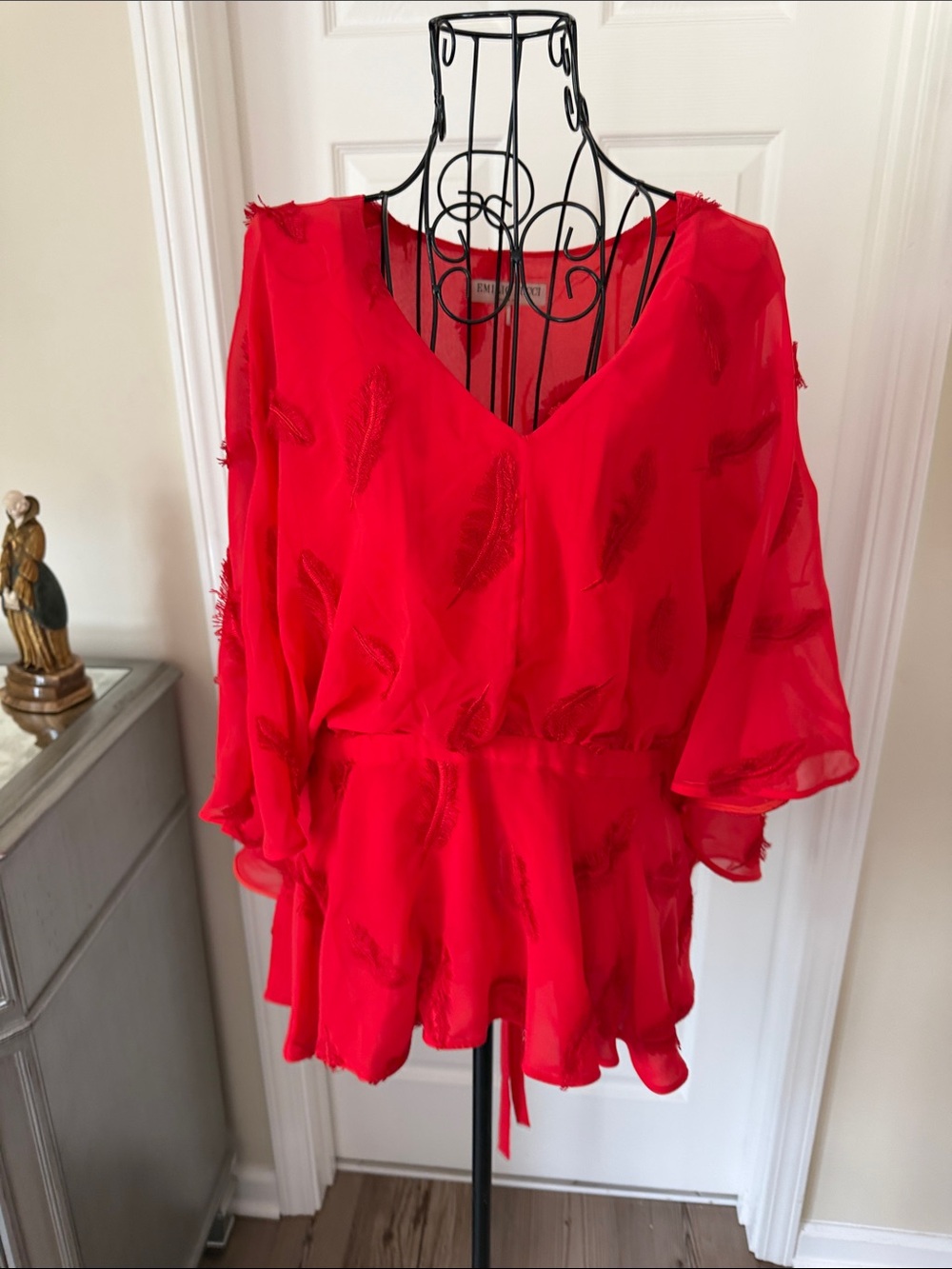 Emilio Pucci Embroidered Feather V-Neck Red Peplum Top
